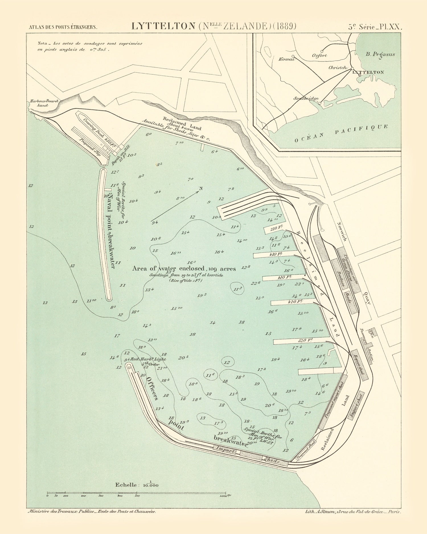 Vintage Map of Lyttelton, New Zealand 1889