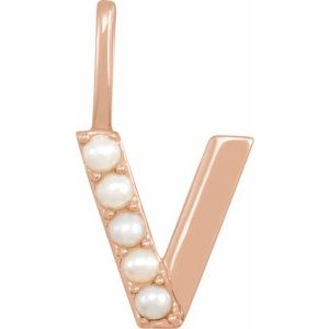 14K Rose Gold Cultured White Freshwater Pearl Initial V Charm/Pendant