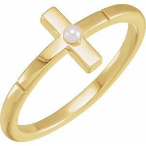 14K Yellow Gold Cultured White Akoya Pearl Sideways Cross Ring