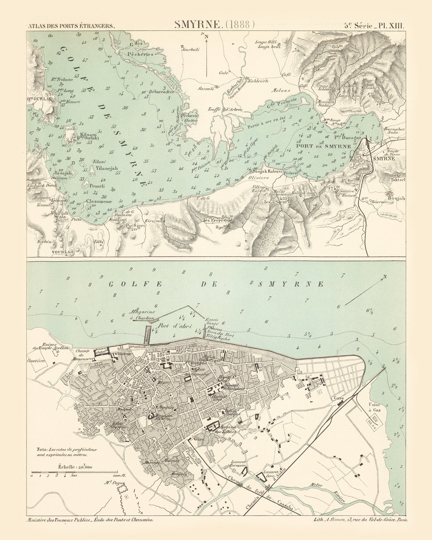 Vintage Map of Izmir, Turkey 1888