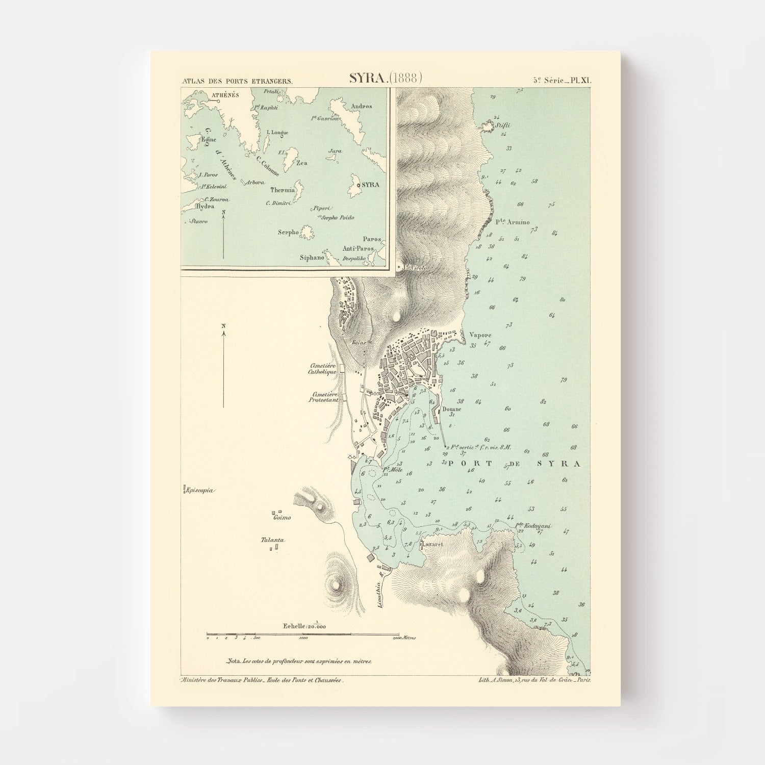 Vintage Map of Syros Island, Greece 1888