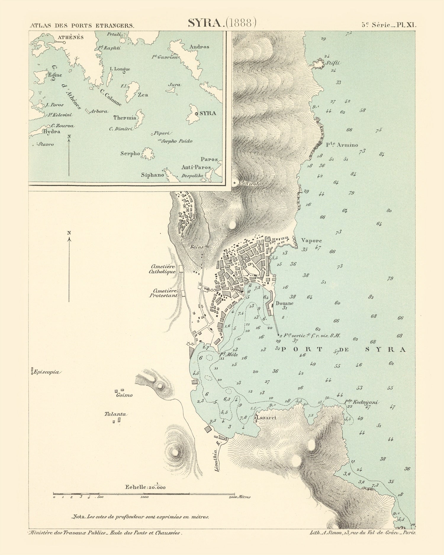 Vintage Map of Syros Island, Greece 1888