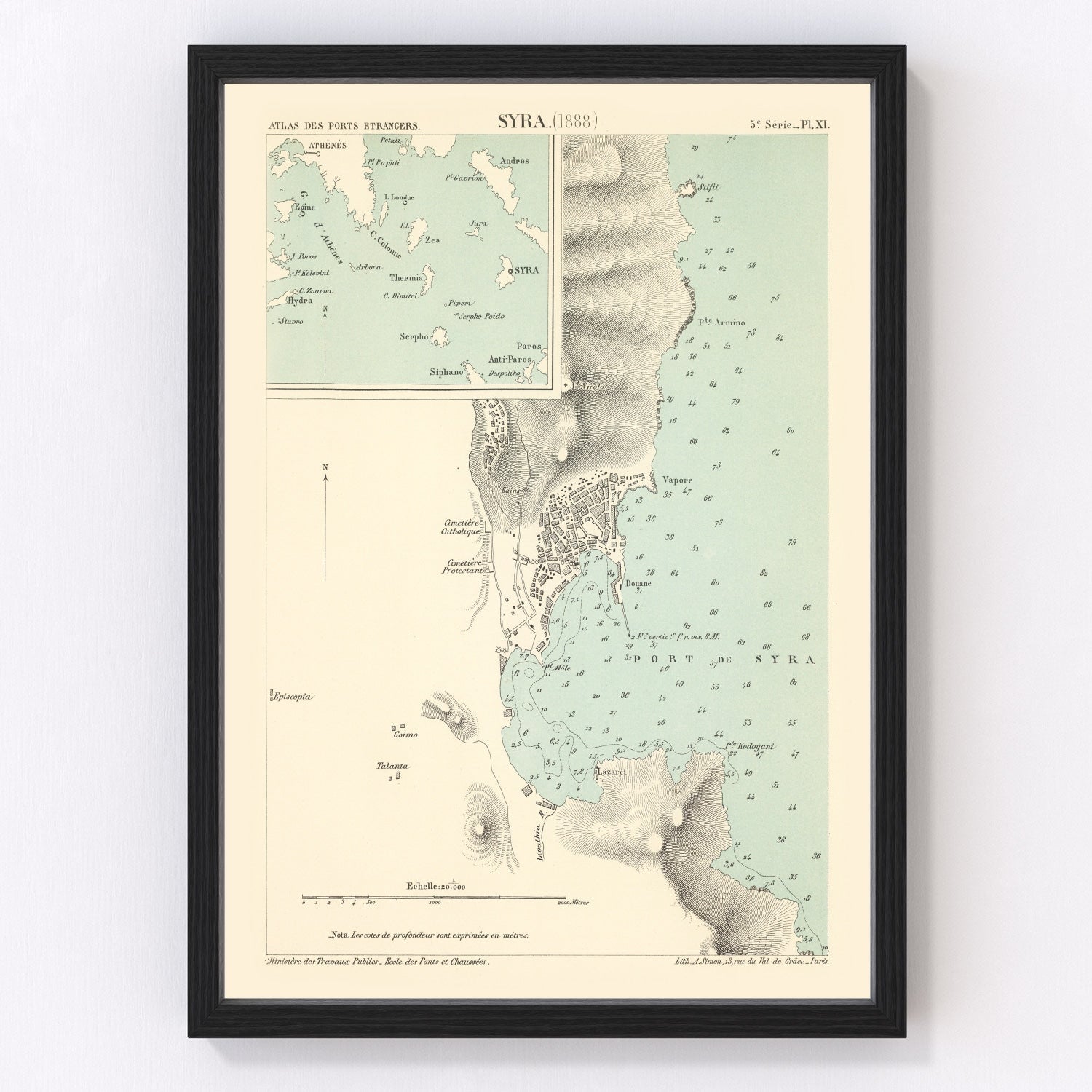 Vintage Map of Syros Island, Greece 1888