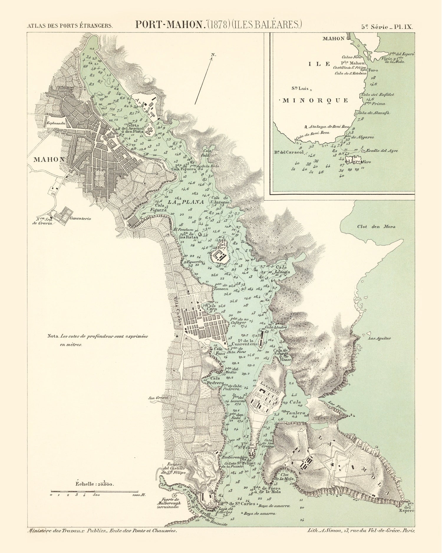 Vintage Map of Mahón, Spain 1878