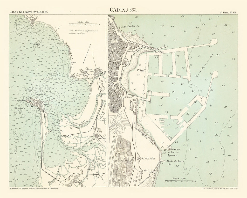 Vintage Map of Cadix, Spain 1888