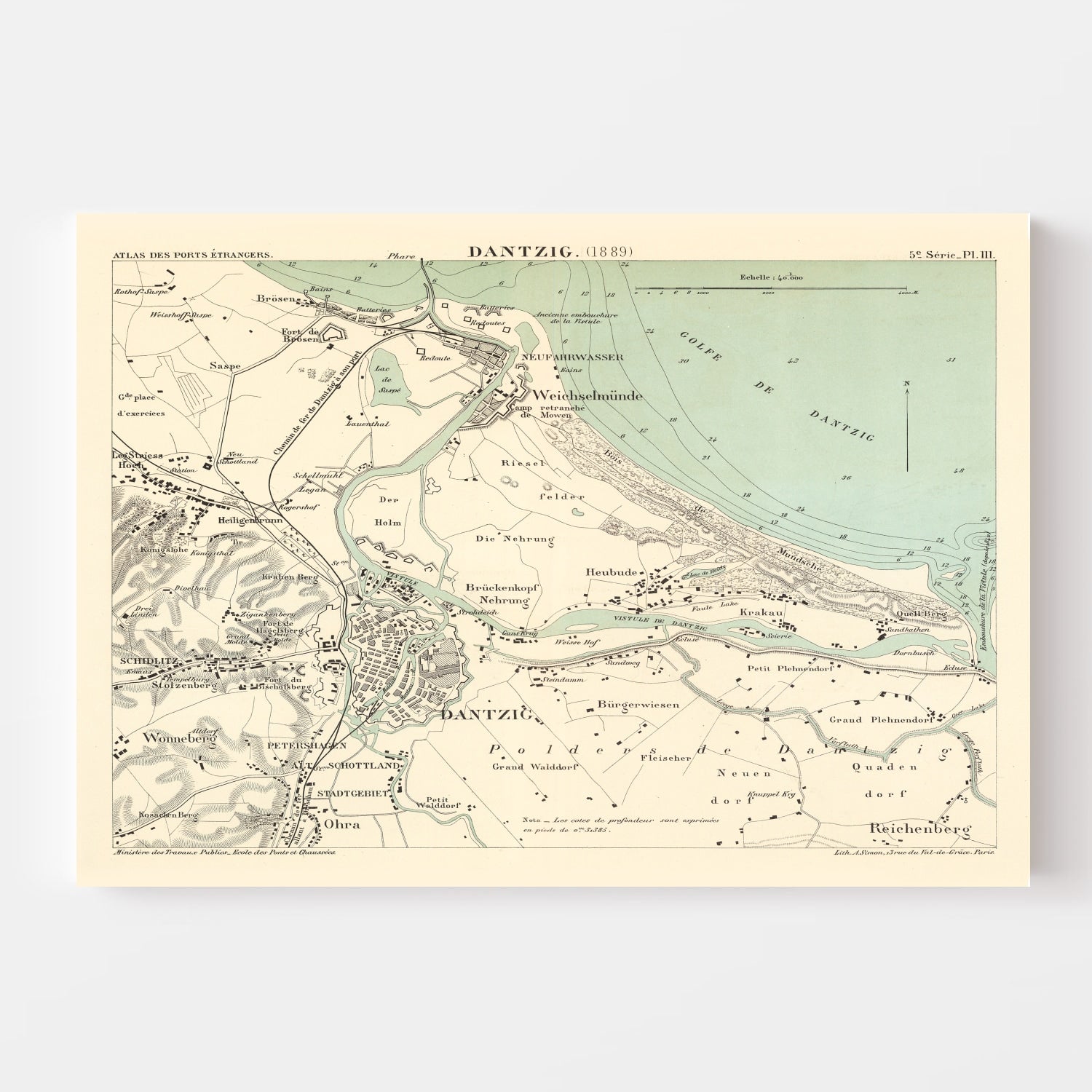 Vintage Map of Danzig, Poland 1889