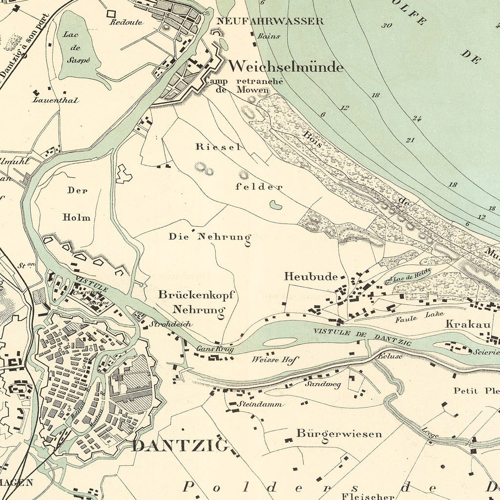 Vintage Map of Danzig, Poland 1889