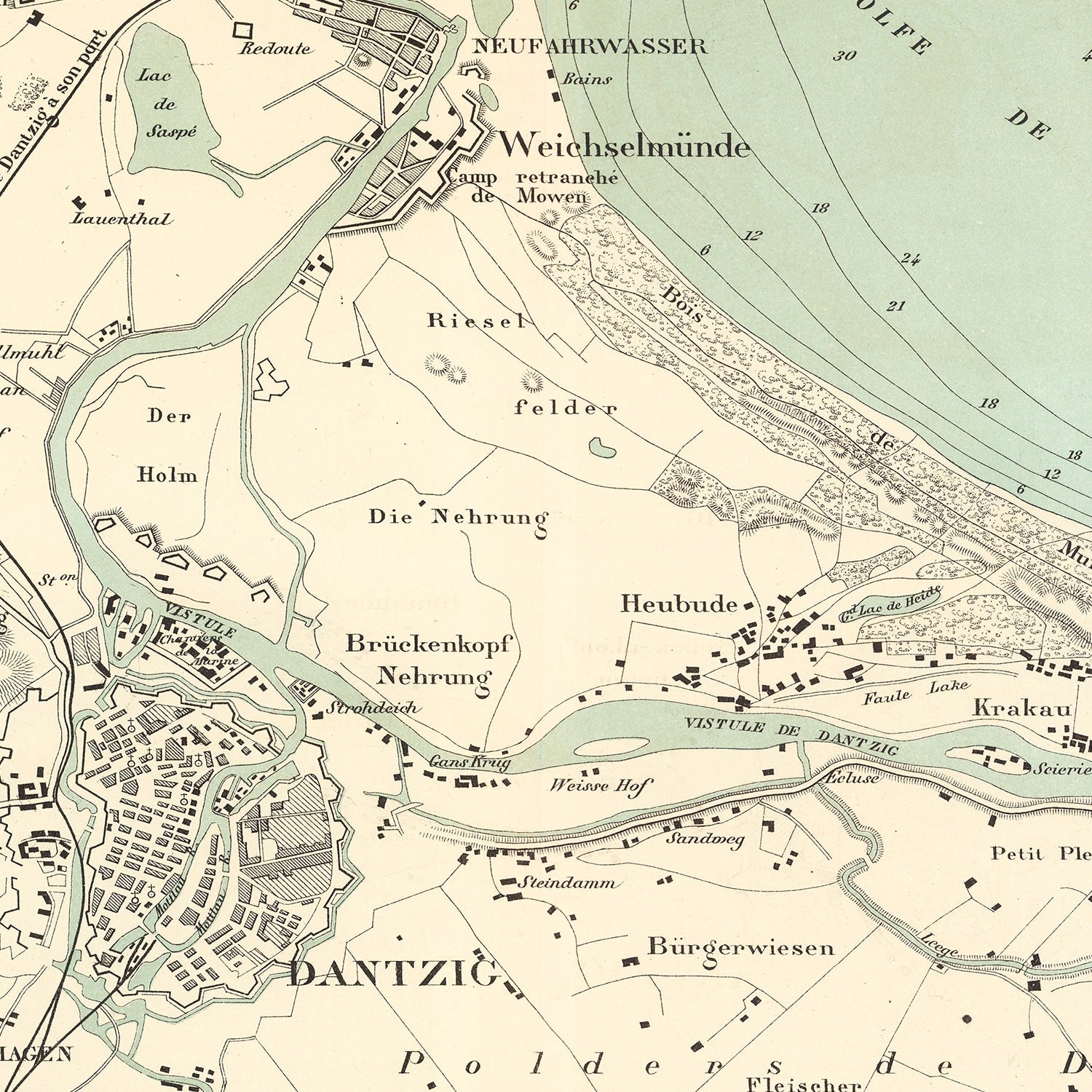Vintage Map of Danzig, Poland 1889