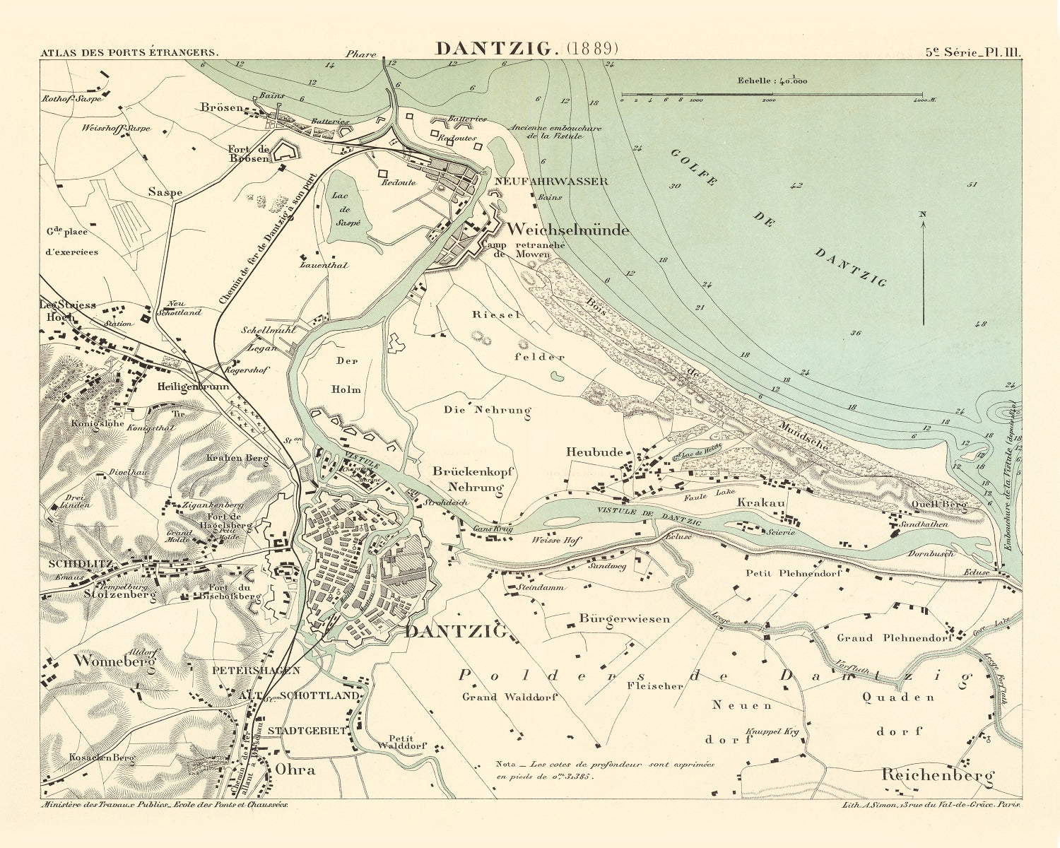 Vintage Map of Danzig, Poland 1889