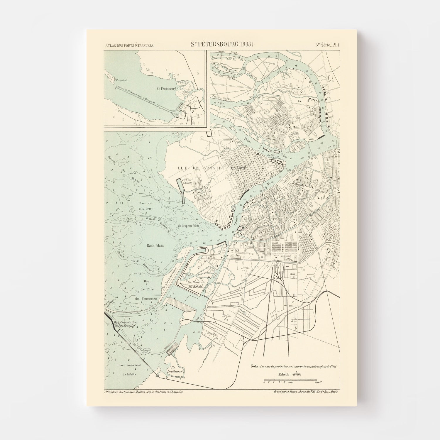 Vintage Map of Saint Petersburg, Russia 1888