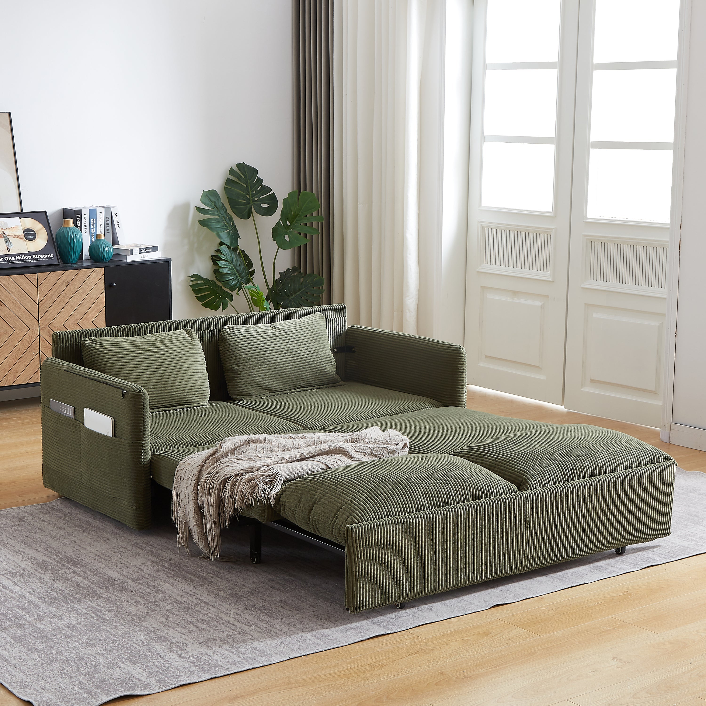 MH'' 64.5 Inch Sleeper Sofa Bed  3-in-1 Adjustable Sleeper with Pullout Bed   2 Pillows and Side Pockets  Soft Corduroy Convertible Sleeper Sofa Bed for Living Room Bedroom Apartment Office