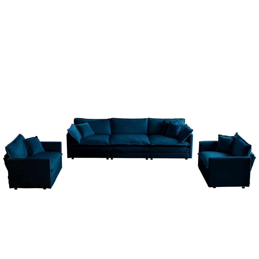 Sofa Set of 3, 1+1+3 Seats Living Room Sofa Set, Accent Chair, Loveseat, and Three-Seat Sofa Modern Style Round Arms 3 Piece Sofa Set, Blue