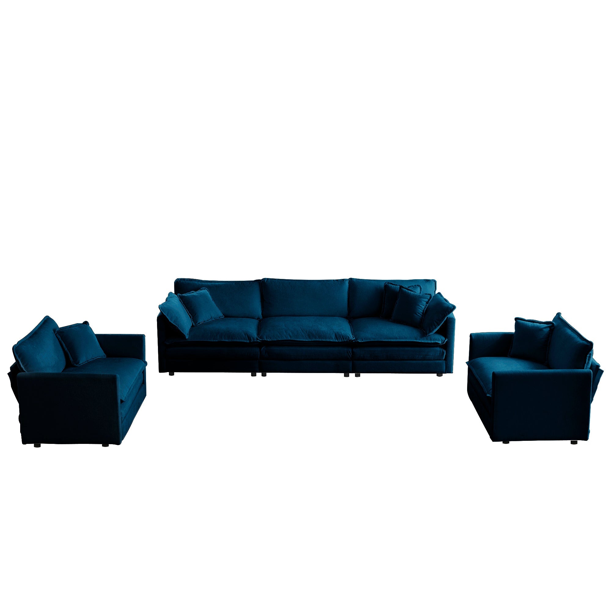 Sofa Set of 3, 1+1+3 Seats Living Room Sofa Set, Accent Chair, Loveseat, and Three-Seat Sofa Modern Style Round Arms 3 Piece Sofa Set, Blue
