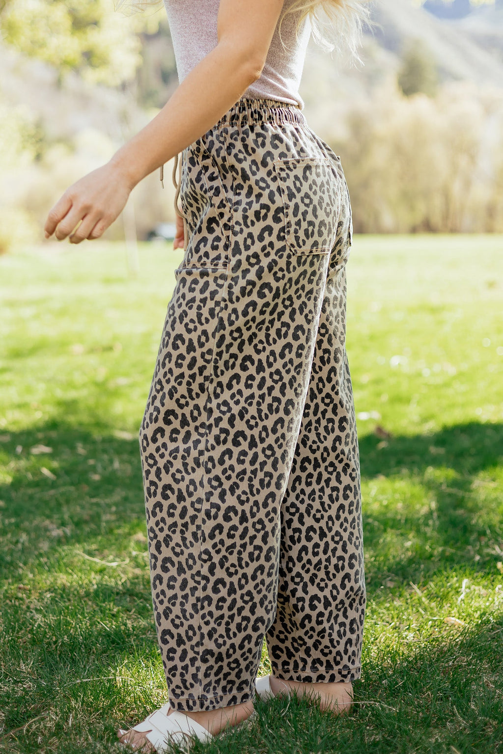 Leopard Denim Drawstring Elastic Waist Loose Pants