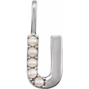 14K White Gold Cultured White Freshwater Pearl Initial U Charm/Pendant