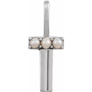 14K White Gold Cultured White Freshwater Pearl Initial T Charm/Pendant