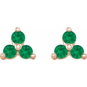 14K Rose Gold Natural Emerald Three Stone Earrings – image 2