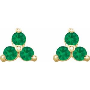 14K Yellow Gold Natural Emerald Three Stone Earrings – image 2