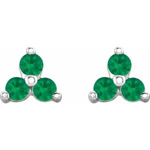 Platinum Natural Emerald Three Stone Earrings – image 2