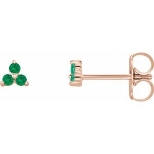 14K Rose Gold Natural Emerald Three Stone Earrings