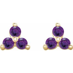 14K Yellow Gold Natural Amethyst Three Stone Earrings – image 2