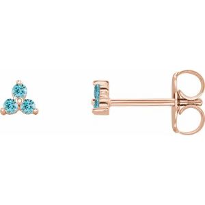 14K Rose Gold Natural Blue Zircon Three Stone Earrings