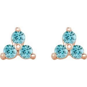 14K Rose Gold Natural Blue Zircon Three Stone Earrings
