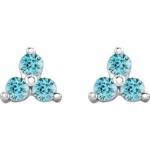 14K White Gold Natural Blue Zircon Three Stone Earrings – image 2