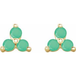 14K Yellow Gold Natural Chrysoprase Three Stone Earrings