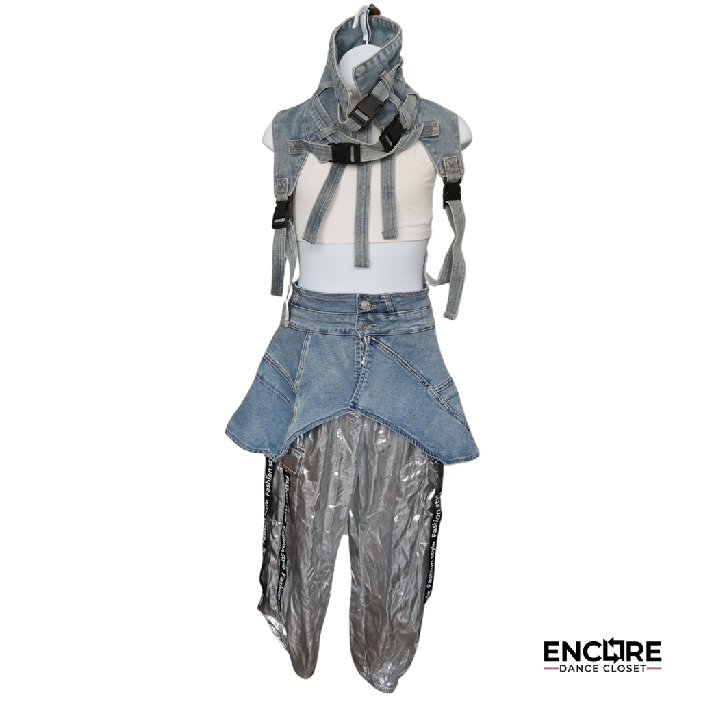 Silver Hip Hop Pants with Denim Accessories