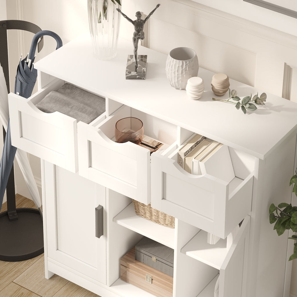 White Wooden Floor Storage Cabinets with Drawers and Shelves, Accent Cabinet for Home Decor