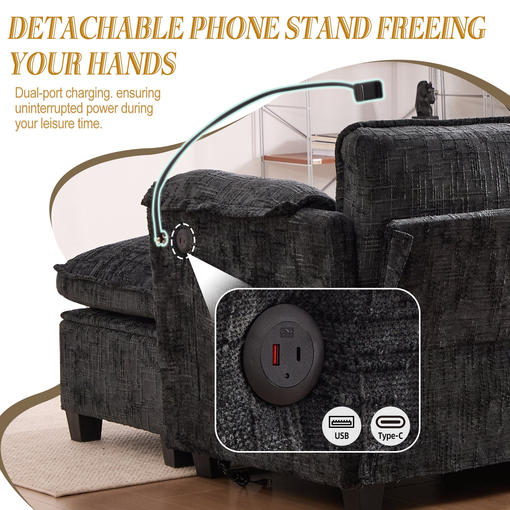 UNITED WE WIN 112' Oversized Sectional Sofa Cloud Couch for Living Room, Modern Chenille L Shaped Couch, Comfy Boucle Modular Sofa Sleeper with Movable Storage Ottoman, Phone Holder, USB Charging Port