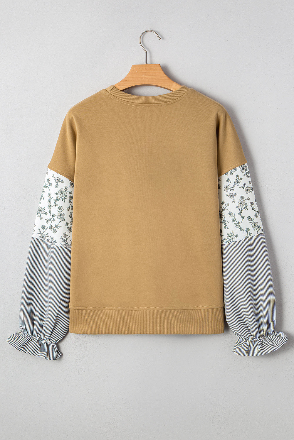 Floral Stripe Patchwork Ruffle Sleeve Crewneck Sweatshirt