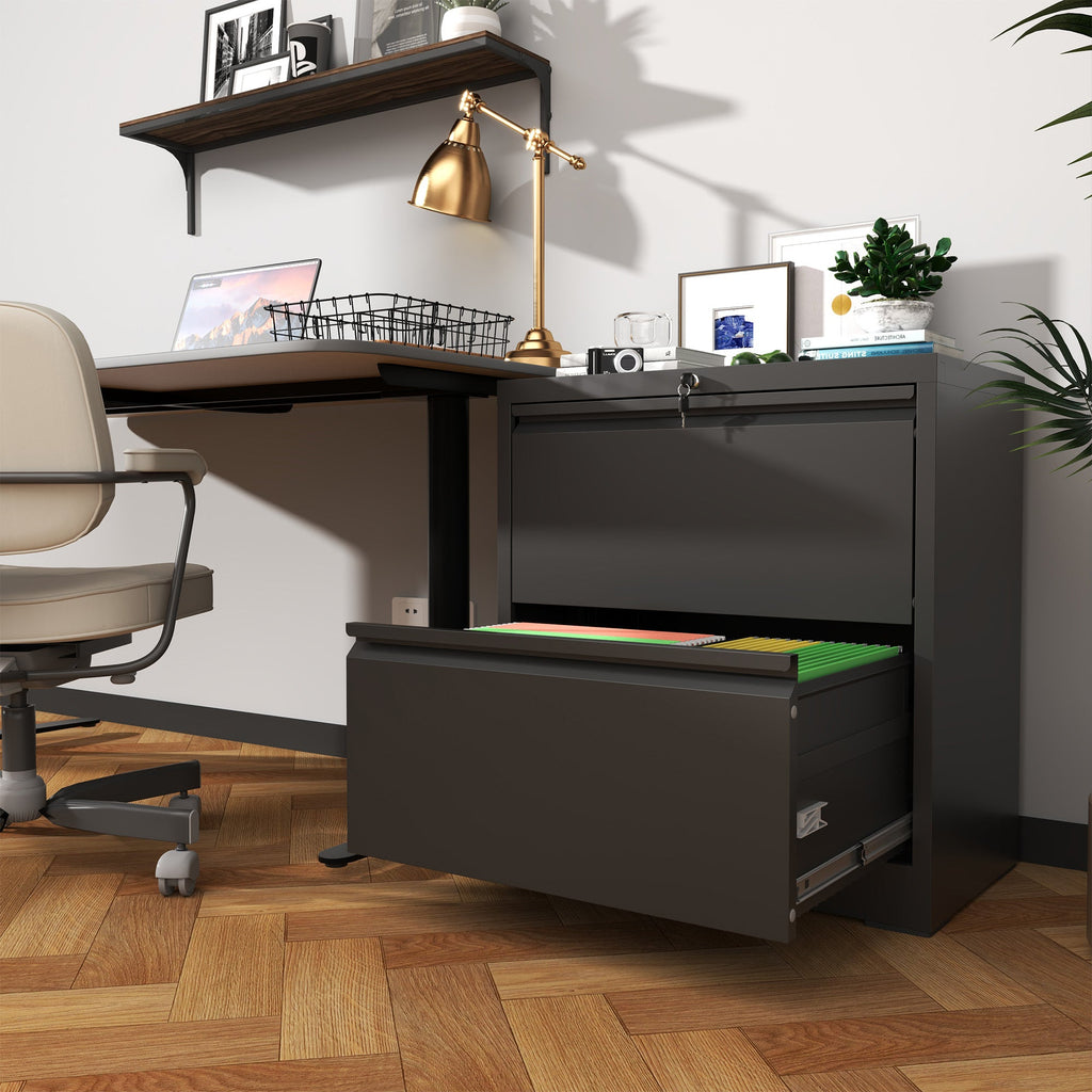 Premium 2 Drawer Metal Lateral File Cabinet with Lock, Black Steel Wide Horizontal Filing Cabinets for Home Office
