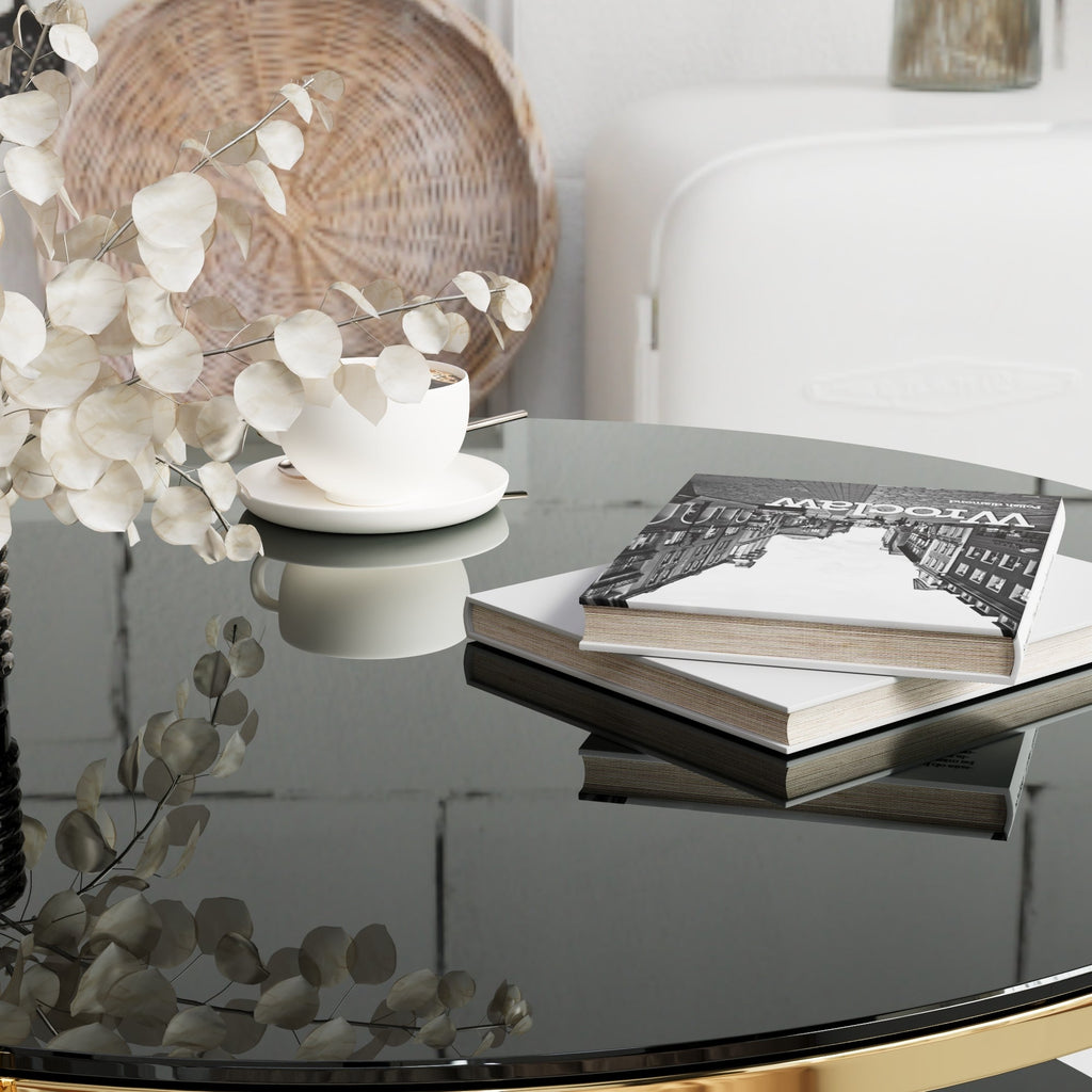 Modern minimalist light luxury style stainless steel circular coffee table, black tempered glass countertop, living room coffee table