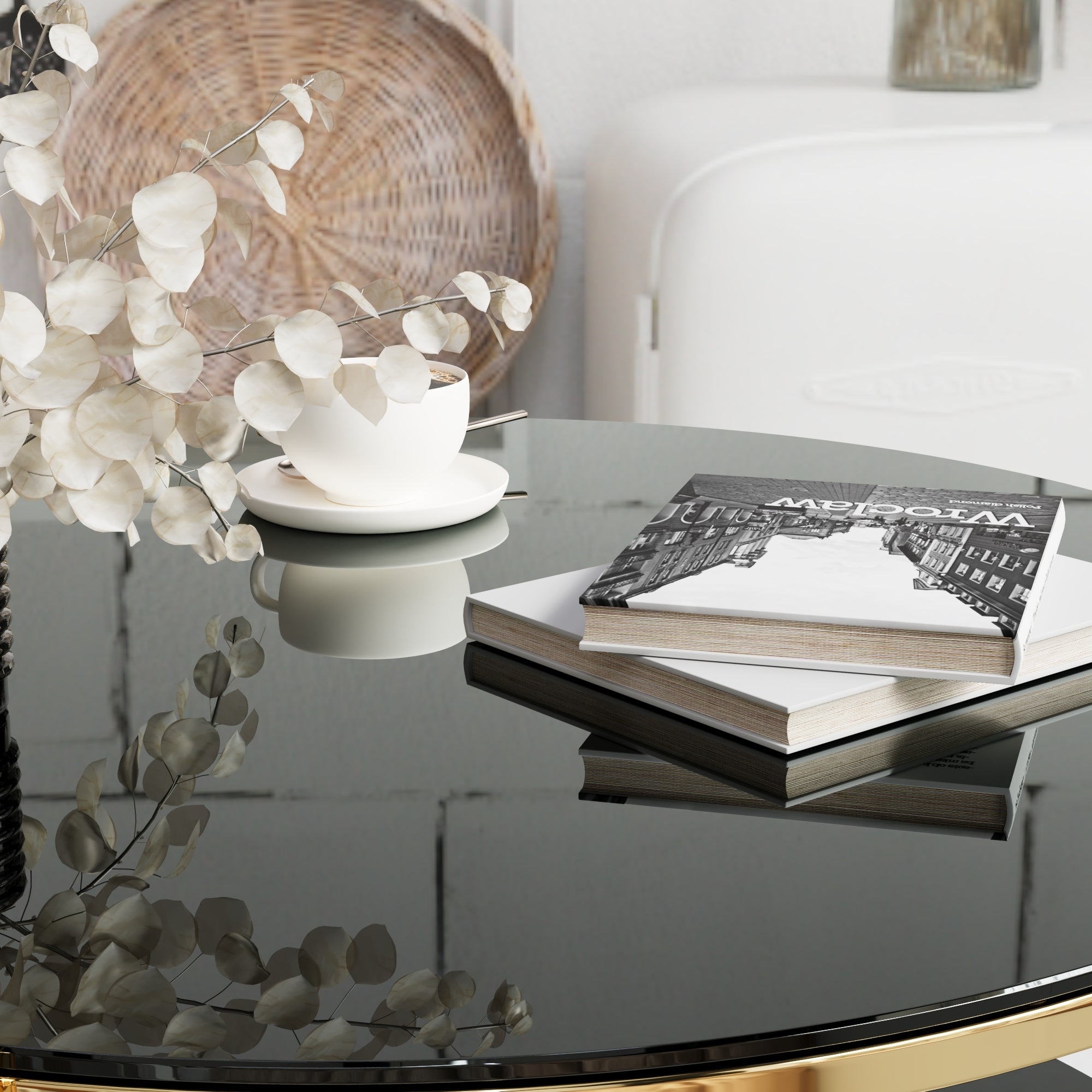 Modern minimalist light luxury style stainless steel circular coffee table, black tempered glass countertop, living room coffee table