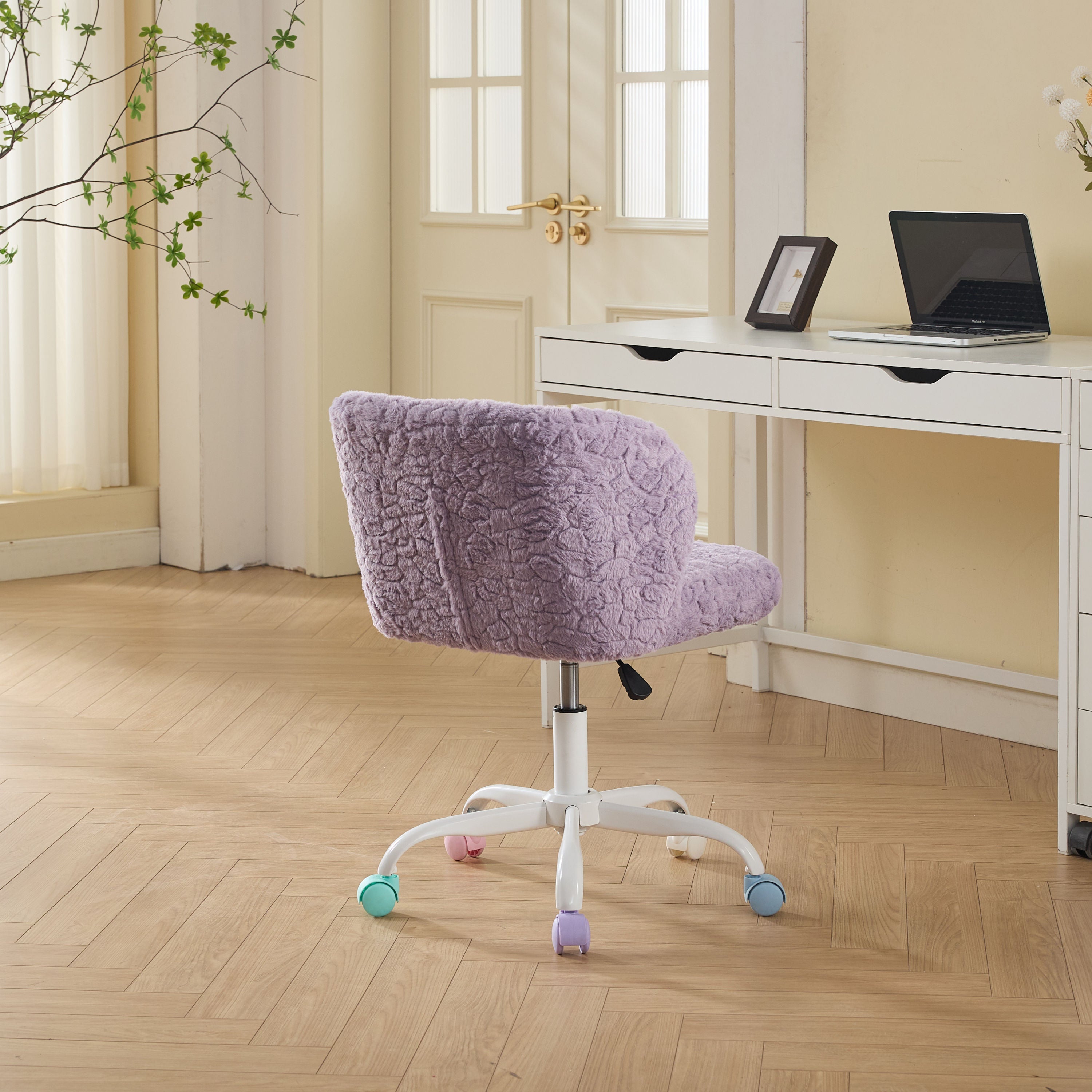 A&A Furniture Office Chair,Artificial rabbit hair Home Office Chair with Metal Base,Adjustable Desk Chair Swivel Office Chair,Vanity Chair(Violet)