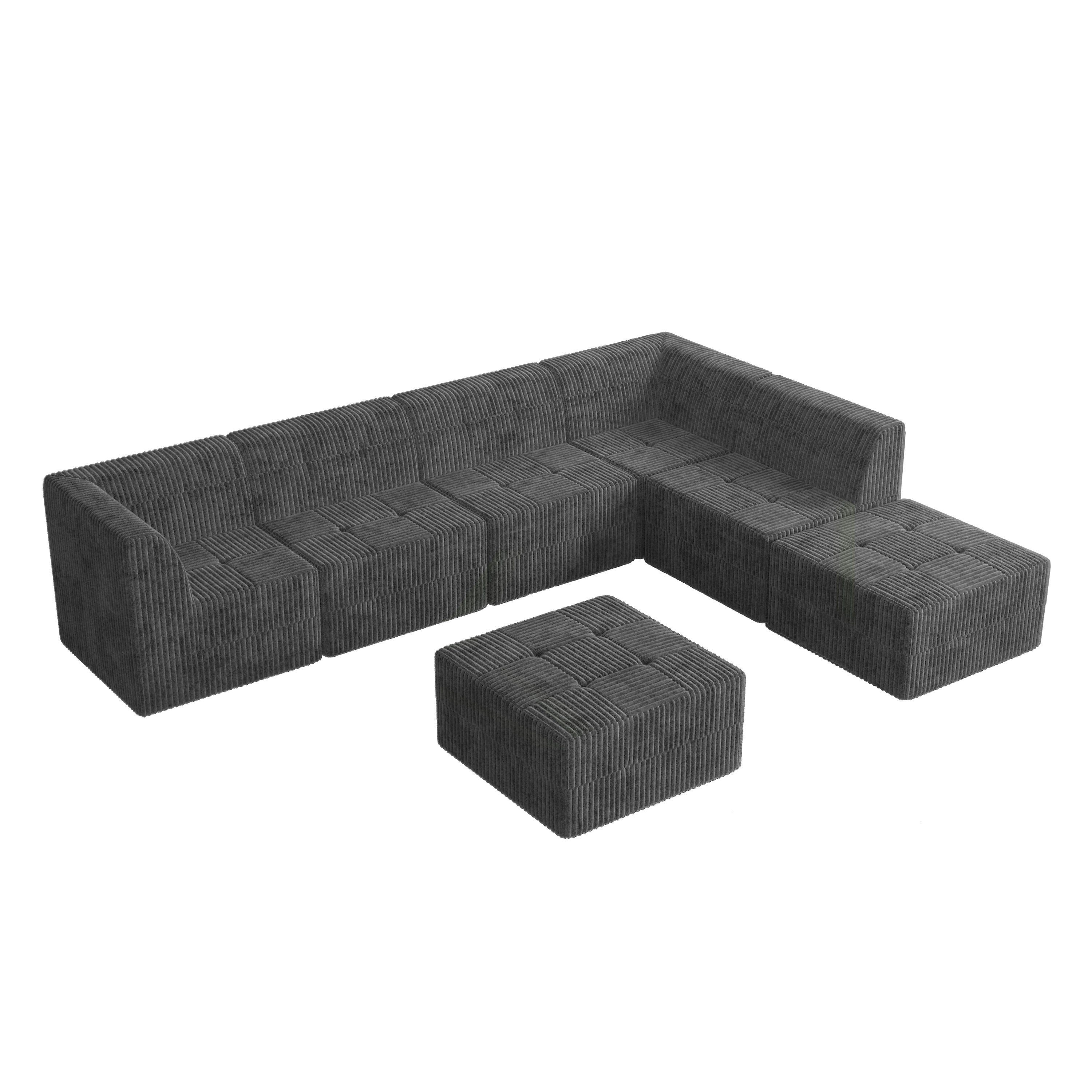 L shape Modular Sectional Sofa,DIY Compressed Sectional Sofa Modern Minimalist Style Corduroy Couch, Sleeper Sofa for Living Room, Bedroom, Comfy Compressed Sofa Couch Space-Efficient Design-GREY