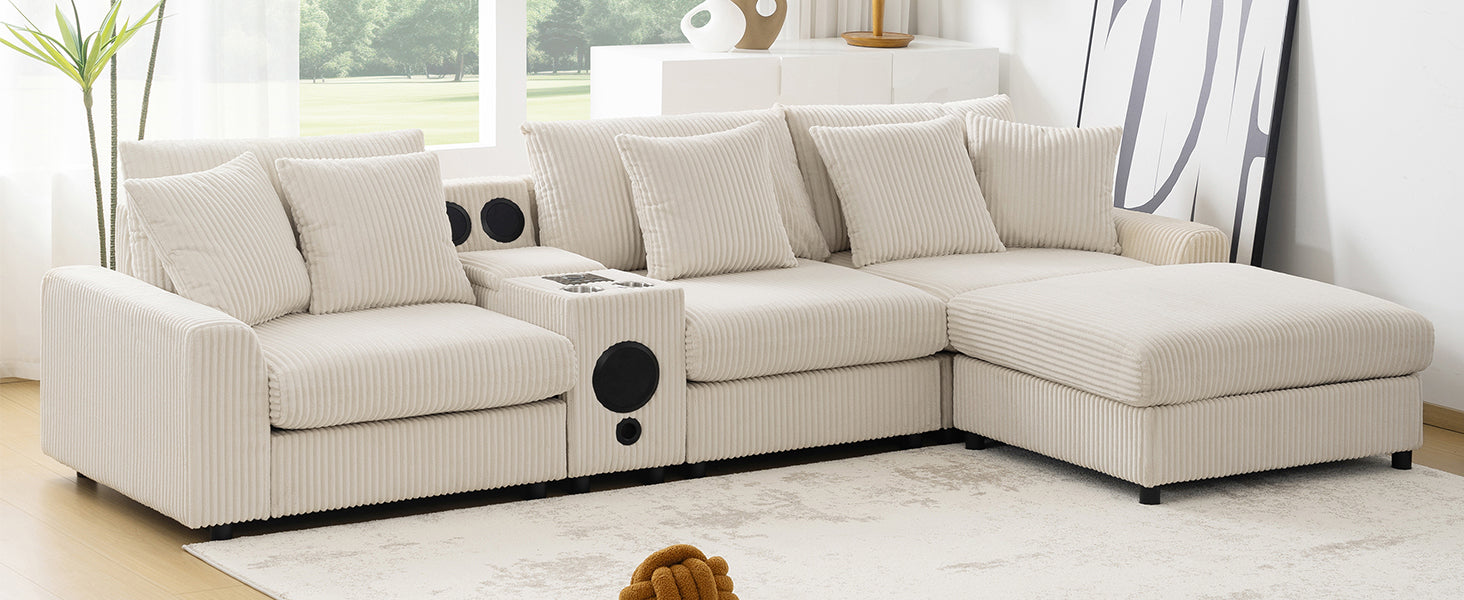 Modular Corduroy Sectional Sofa with Bluetooth Speakers, USB Charger, Cup Holders, Storage, Ottoman, 114*64'' Cream