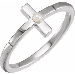 14K White Gold Cultured White Akoya Pearl Sideways Cross Ring