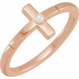 14K Rose Gold Cultured White Akoya Pearl Sideways Cross Ring