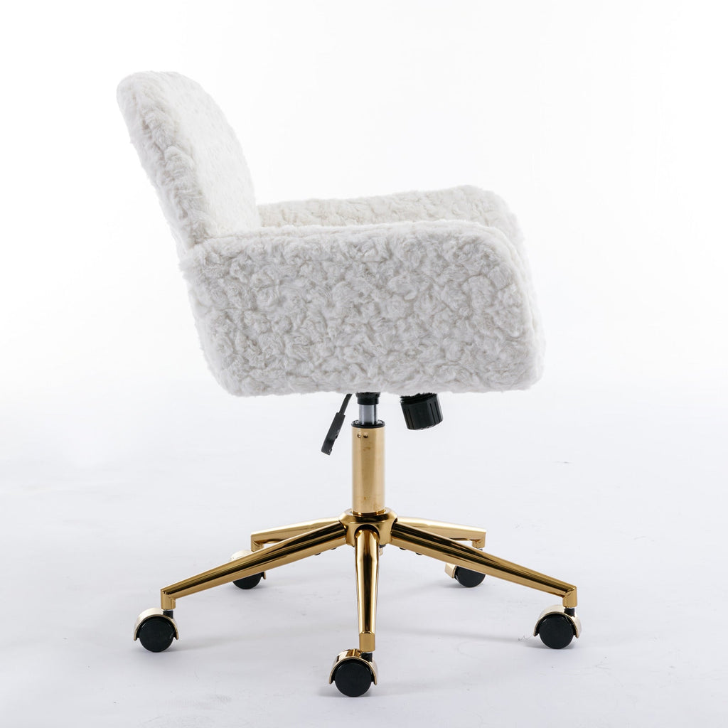 A&A Furniture Artificial Rabbit Hair Office Chair with Golden Metal Base, Adjustable Swivel Vanity Chair, Beige Velvet