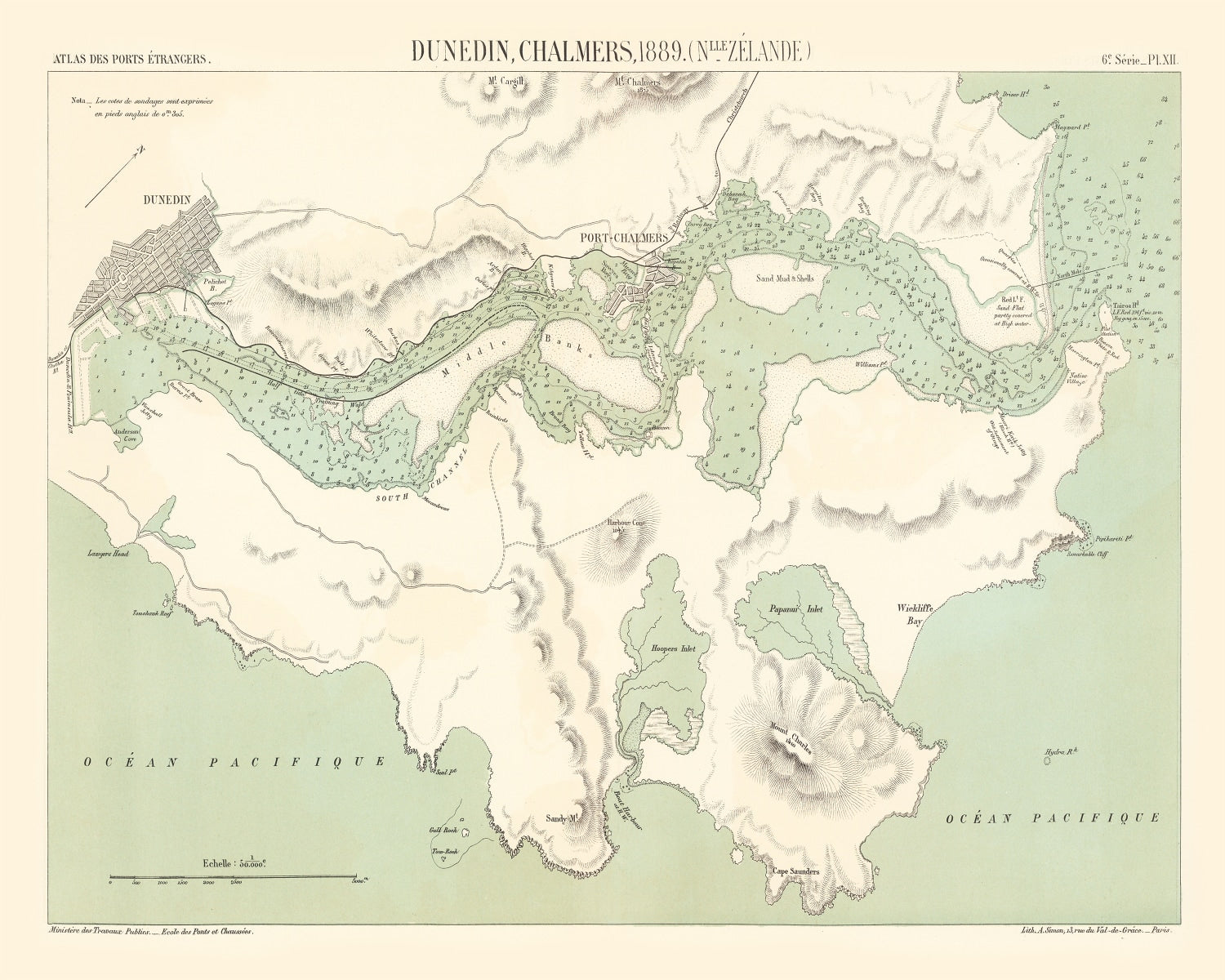 Vintage Map of Dunedin, New Zealand 1889