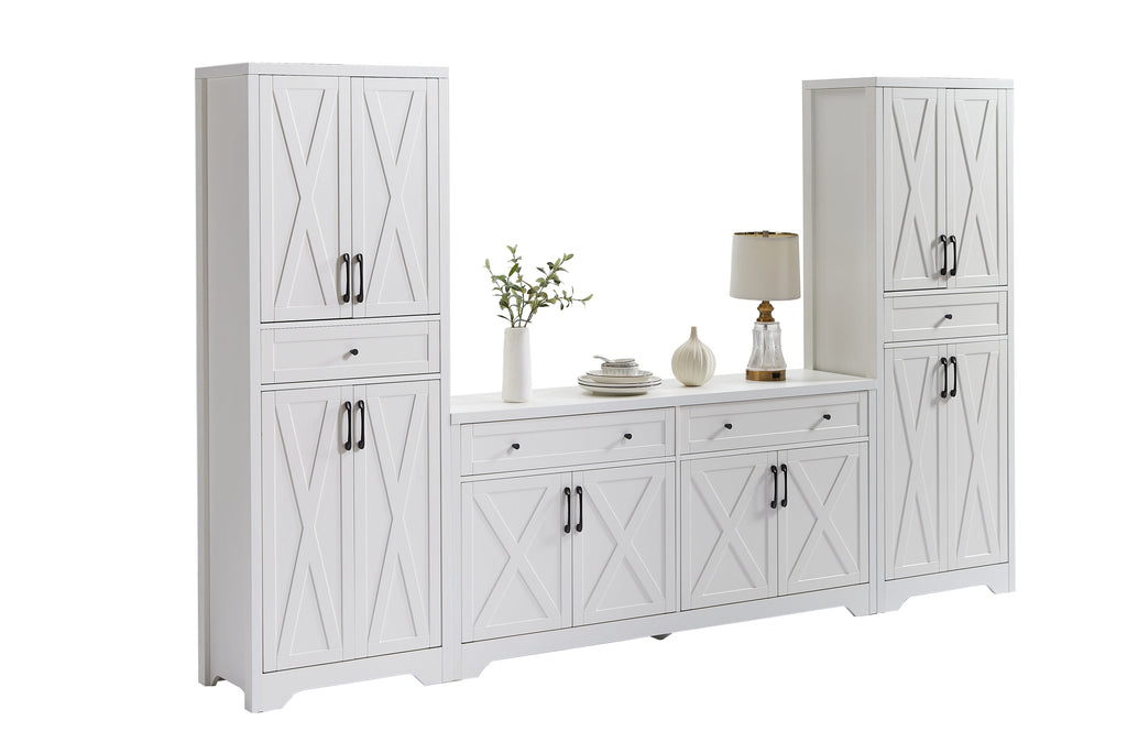 TV Cabinet Set Multifunctional TV Wall, One TV Cabinet and Two Sideboards for Living Room, White,  108.7''L x 15''W x 68''H.