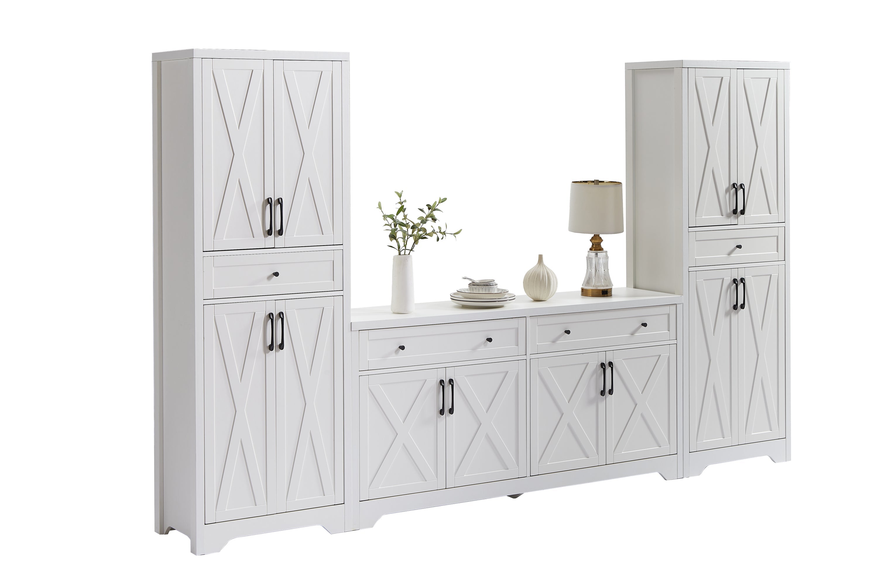 TV Cabinet Set Multifunctional TV Wall, One TV Cabinet and Two Sideboards for Living Room, White,  108.7''L x 15''W x 68''H.