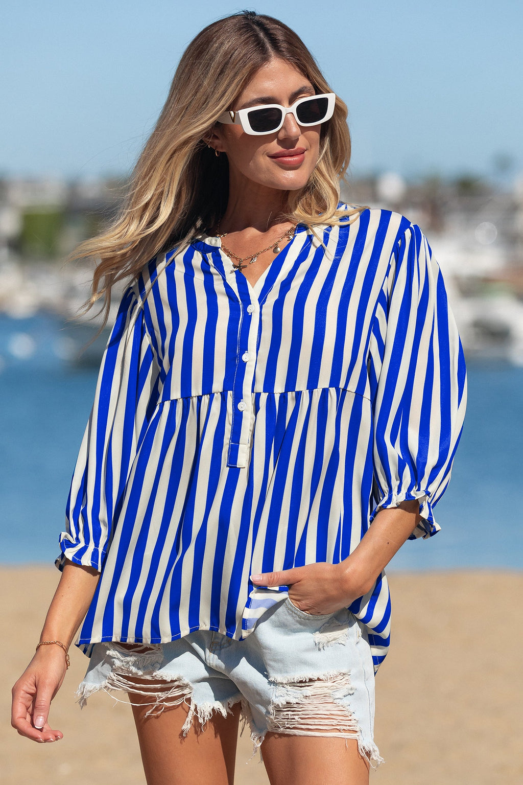 Stripe Balloon Sleeve Button-Up Shirt