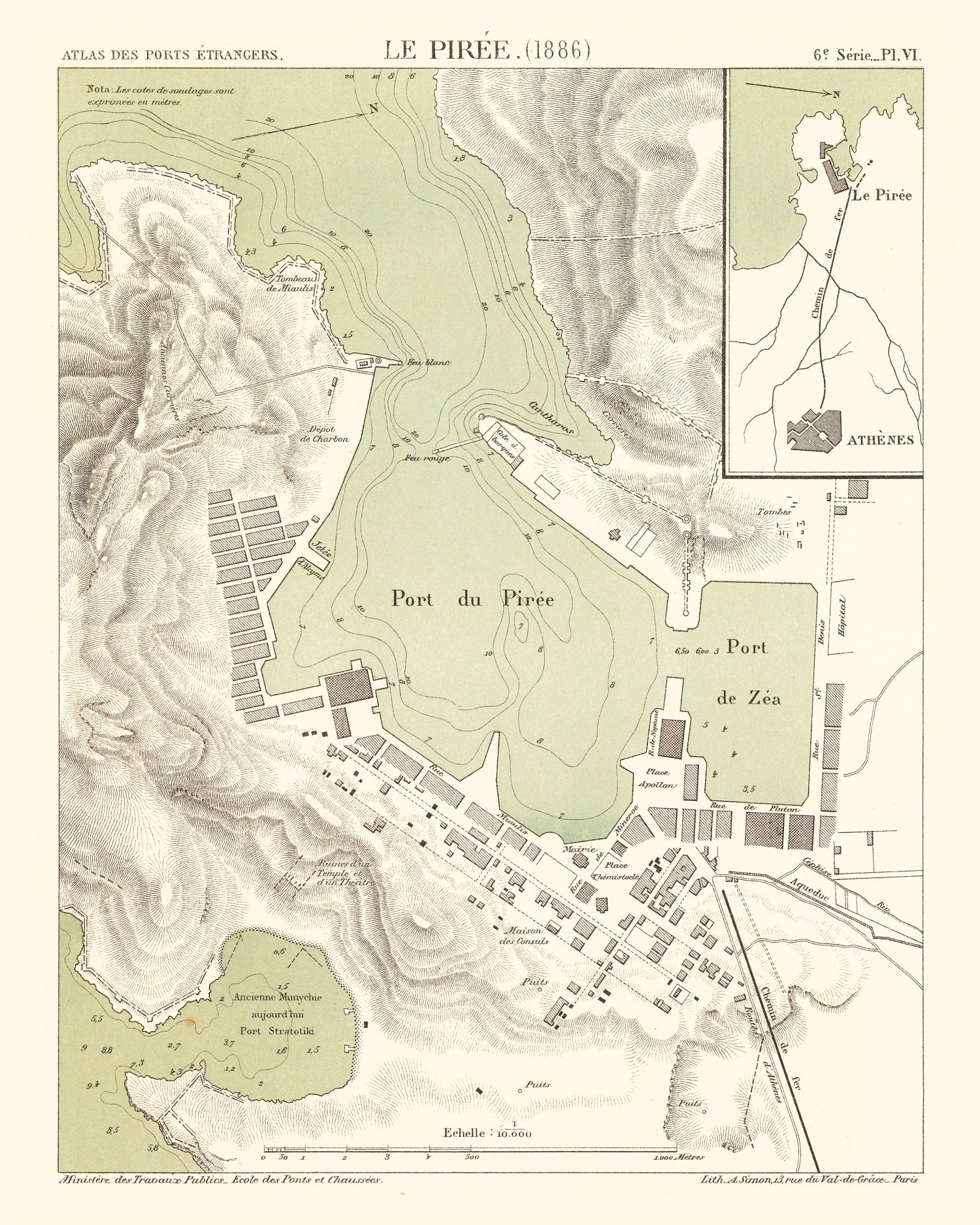 Vintage Map of Piraeus, Greece 1886