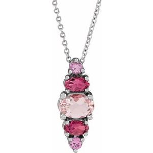 14K White Gold Natural Pink Multi-Gemstone Bar 16-18" Necklace