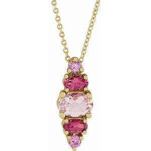 14K Yellow Gold Natural Pink Multi-Gemstone Bar 16-18" Necklace
