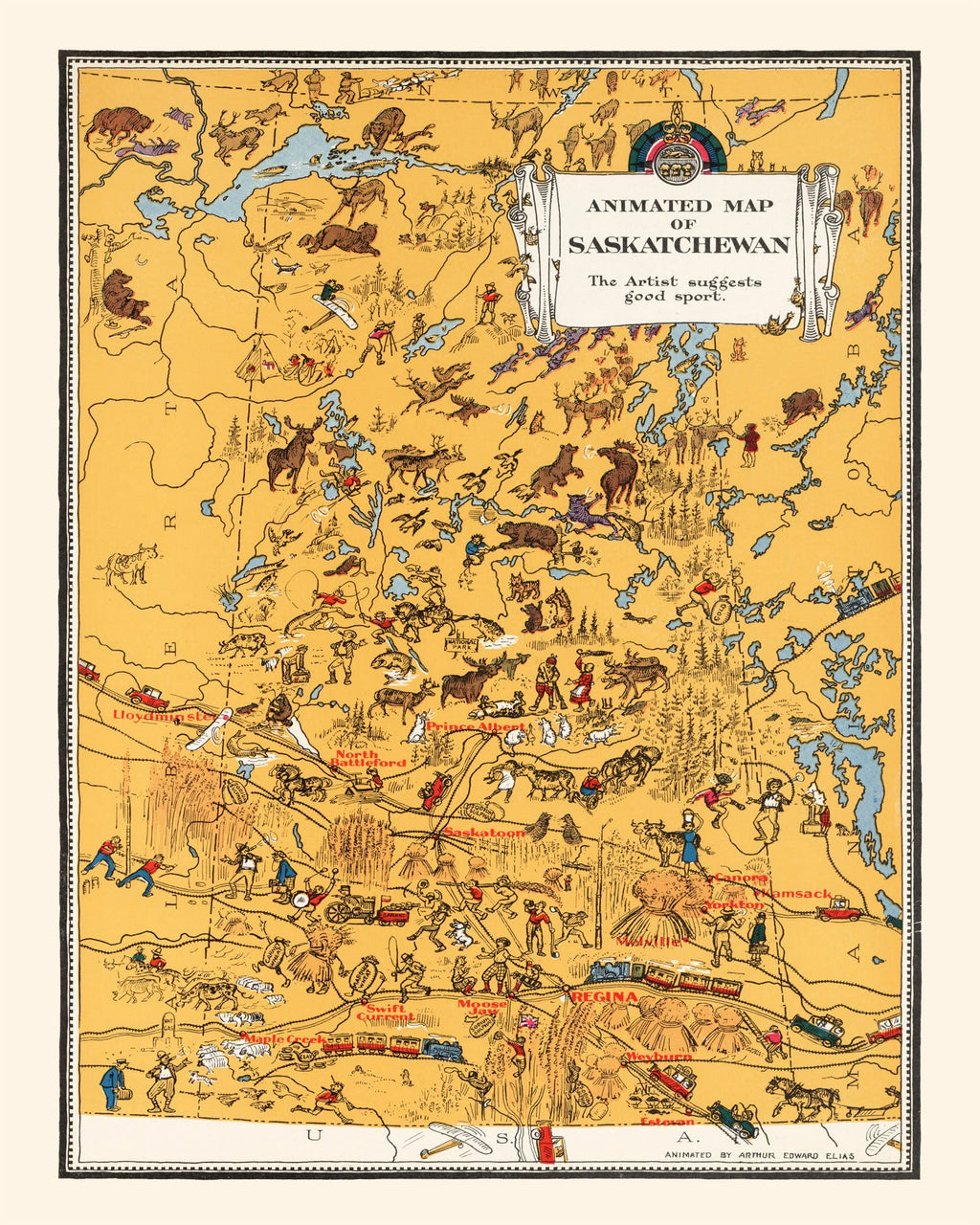 Vintage Animated Map of Saskatchewan, Canada 1929